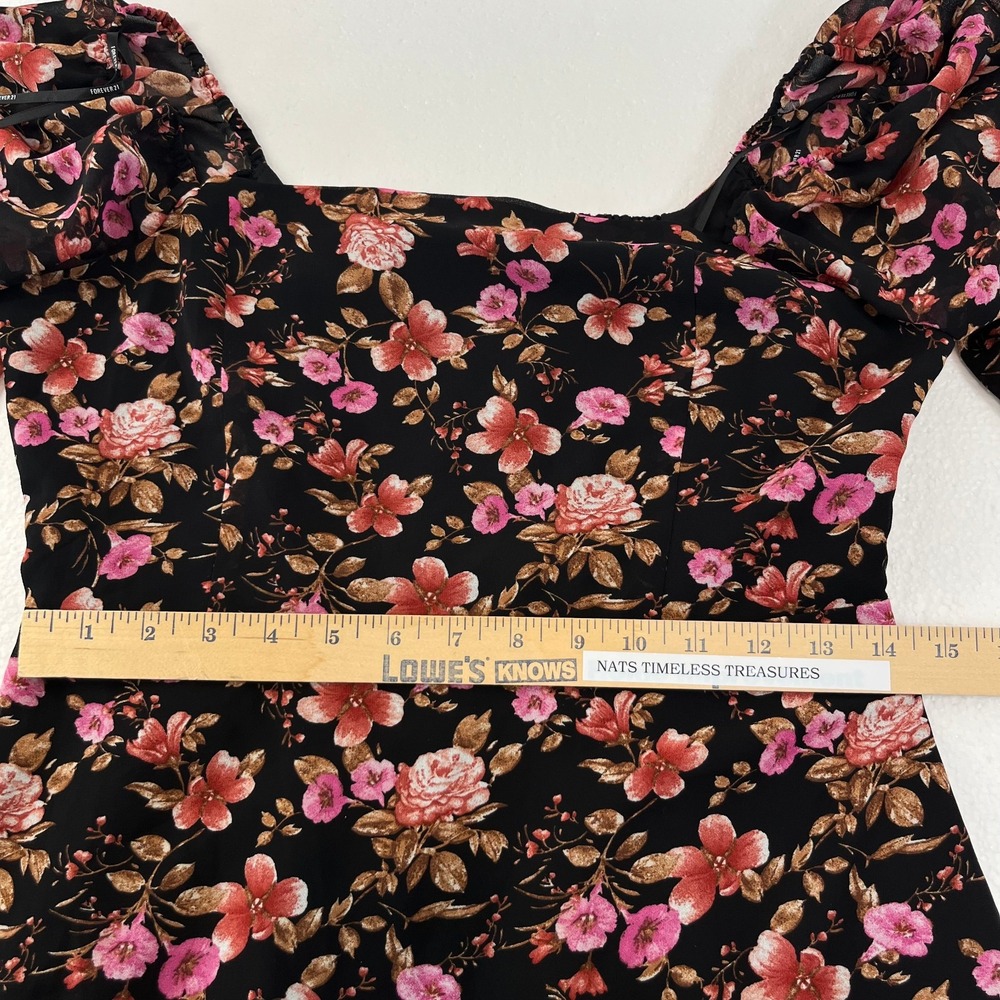 Forever 21 Mini Dress Large Black Floral Babydoll Dark Cottagecore Fairy Grunge - Picture 10 of 13